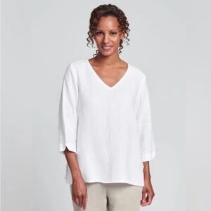 FLAX V Pullover White 100% Linen 3/4 Length Sleeve Women's Shirt Size large, L